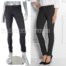 GUCCI RIDING PANTS SKINNY LEATHER TRIM BLACK COTTON BUTTONED HEMLINE IT 38 US 2