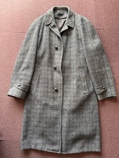 Harris Tweed Men's Pure Scottish Wool Balmacaan Coat Long Check Plaid Gray Japan
