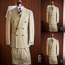 Double Breasted Men's Suits Beige 2Pcs Business Formal Jacket Peak Lapel Coat