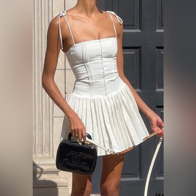 House of CB Marcy White Pleated Mini Dress Corset Tie Strap XL NWOT