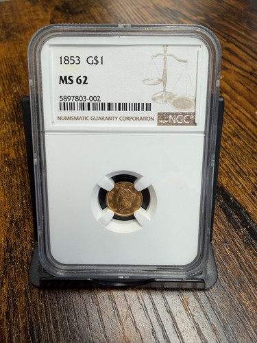 1853 NGC MS62 Gold Dollar $1 Liberty Head US Mint Coin MS-62