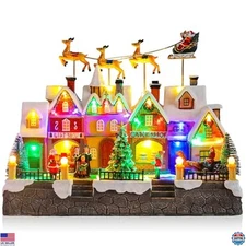 Lighted Musical Christmas Village House Set, Dynamic Santa on Reindeer, LED