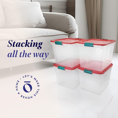 HOMZ 4 Pack Plastic Storage Bins with Latching Lids Clear/Red – Stackable Sea... - Picture 7 of 9