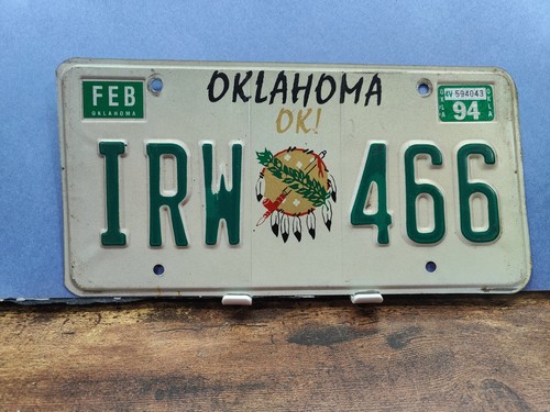 Oklahoma Ok License Plate Tag 🪶 🆗 1994 Native America IRW 466 classic Vintage 