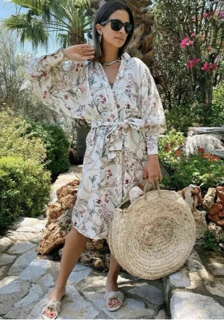 Johanna Ortiz x HM 100% Linen Dress XL Floral Botanical Midi Cream Garden  Resort | eBay