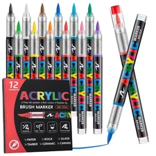 12 Color Acrylic Paint Markers Set, Soft Brush Tip Art Pens for Wood, Canvas,...