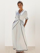 White V-Neck Twist Front Maxi Dress with Black Trim- L