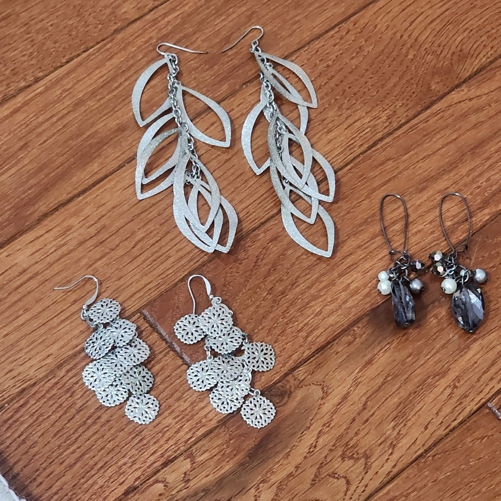 Three Silver Tone Drop Earrings PiercedClassic Fe… - image 1