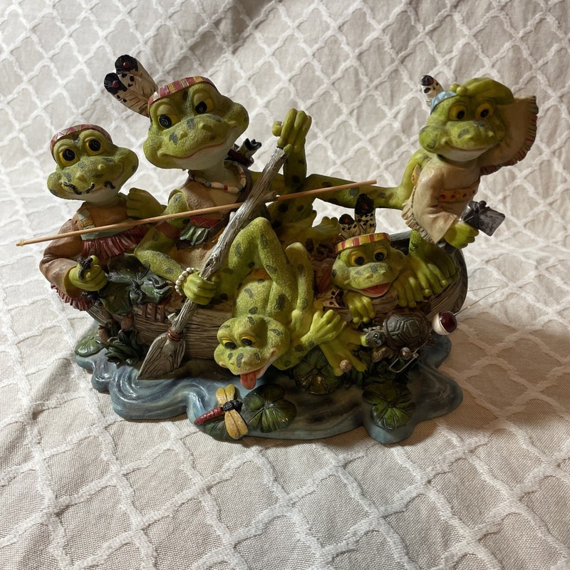 Lg. Whimsical Frog Figurine Tribal Family Fishing Trip. Hand-painted Poly resin