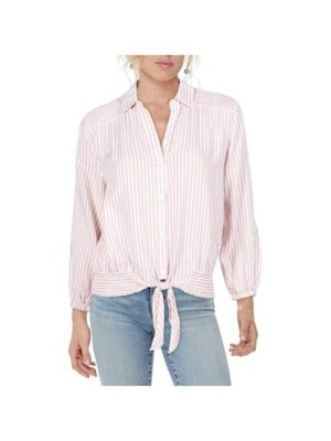 TWELVE O TWO Womens Top Button Up Smocked Long Sleeve Collared Tie-front
