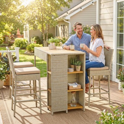 Outsunny Outdoor Bar Set, 3 Tier Bar Height Patio Table and Chairs, Brown