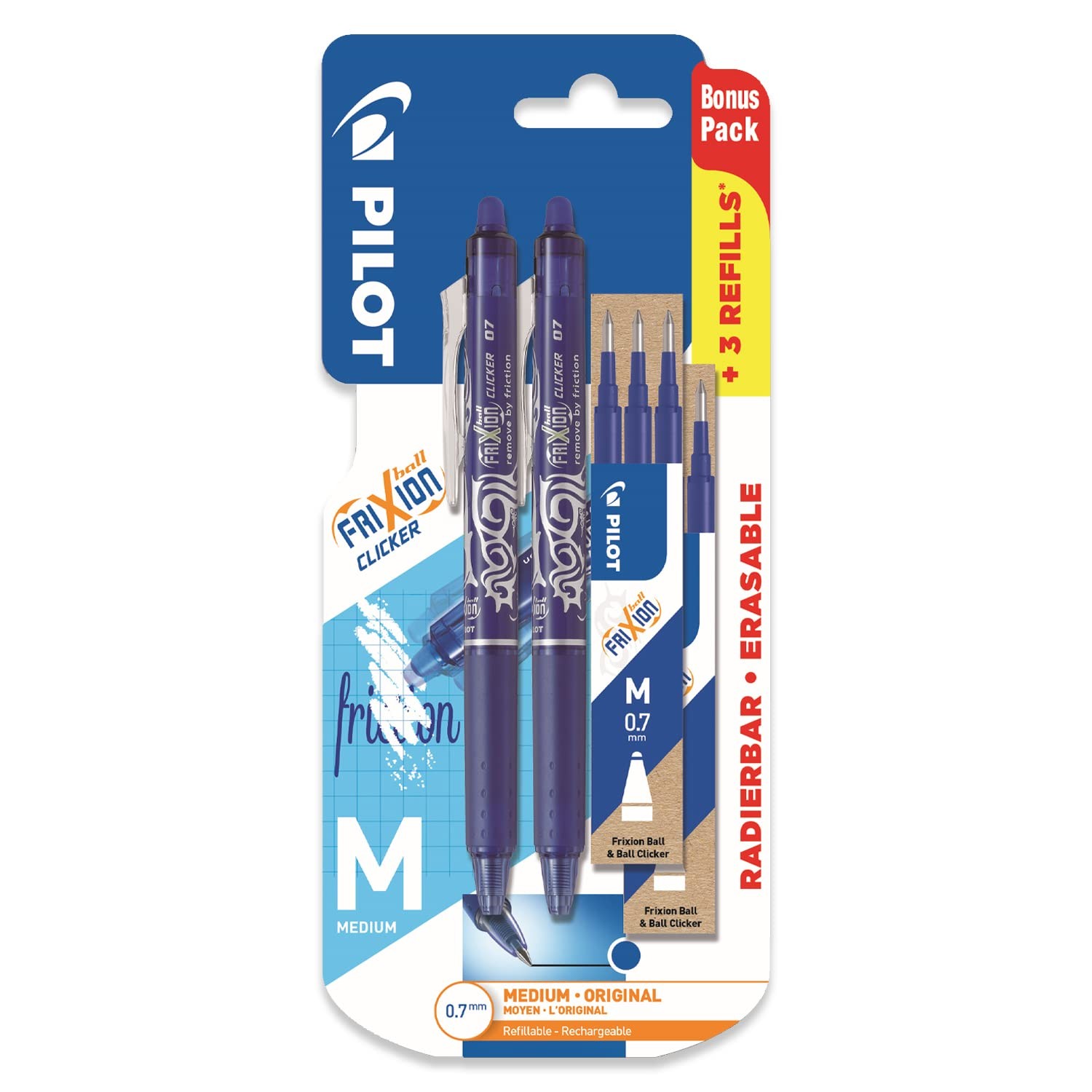 Stylo effaçable Frixion Clicker bleu lot de 2 encre gel thermosensible rétractable pointe 0.7