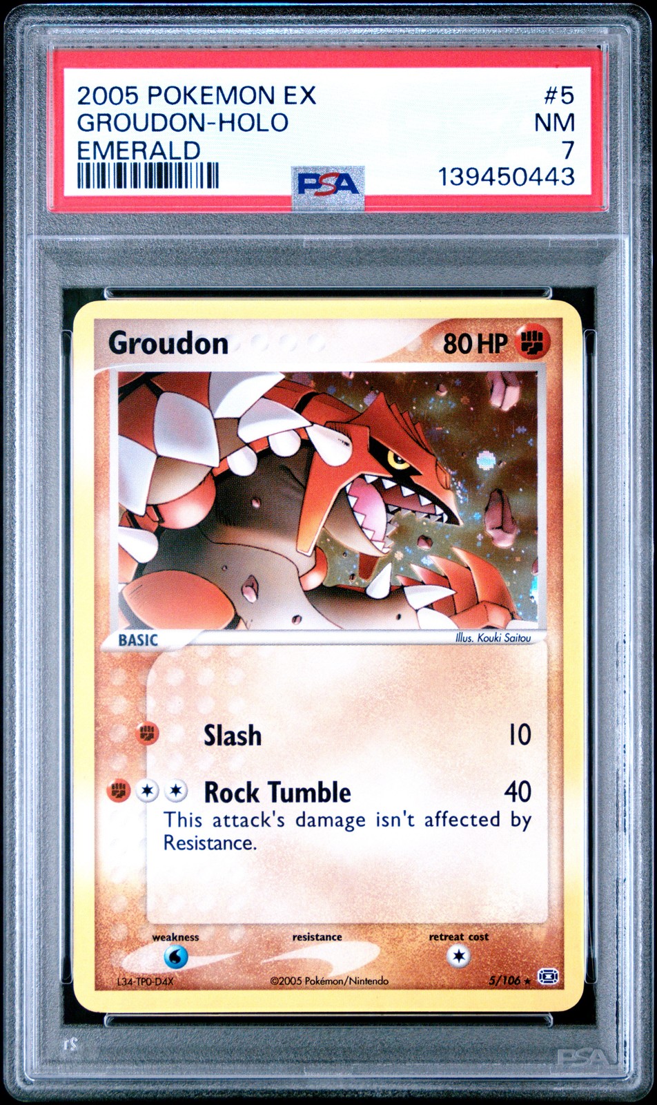 2005 POKEMON EX EMERALD #5 GROUDON-HOLO PSA 7
