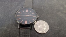 Geneva Black Mesh Band Quartz Watch Rose Gold Roman Dial Slim Minimalist