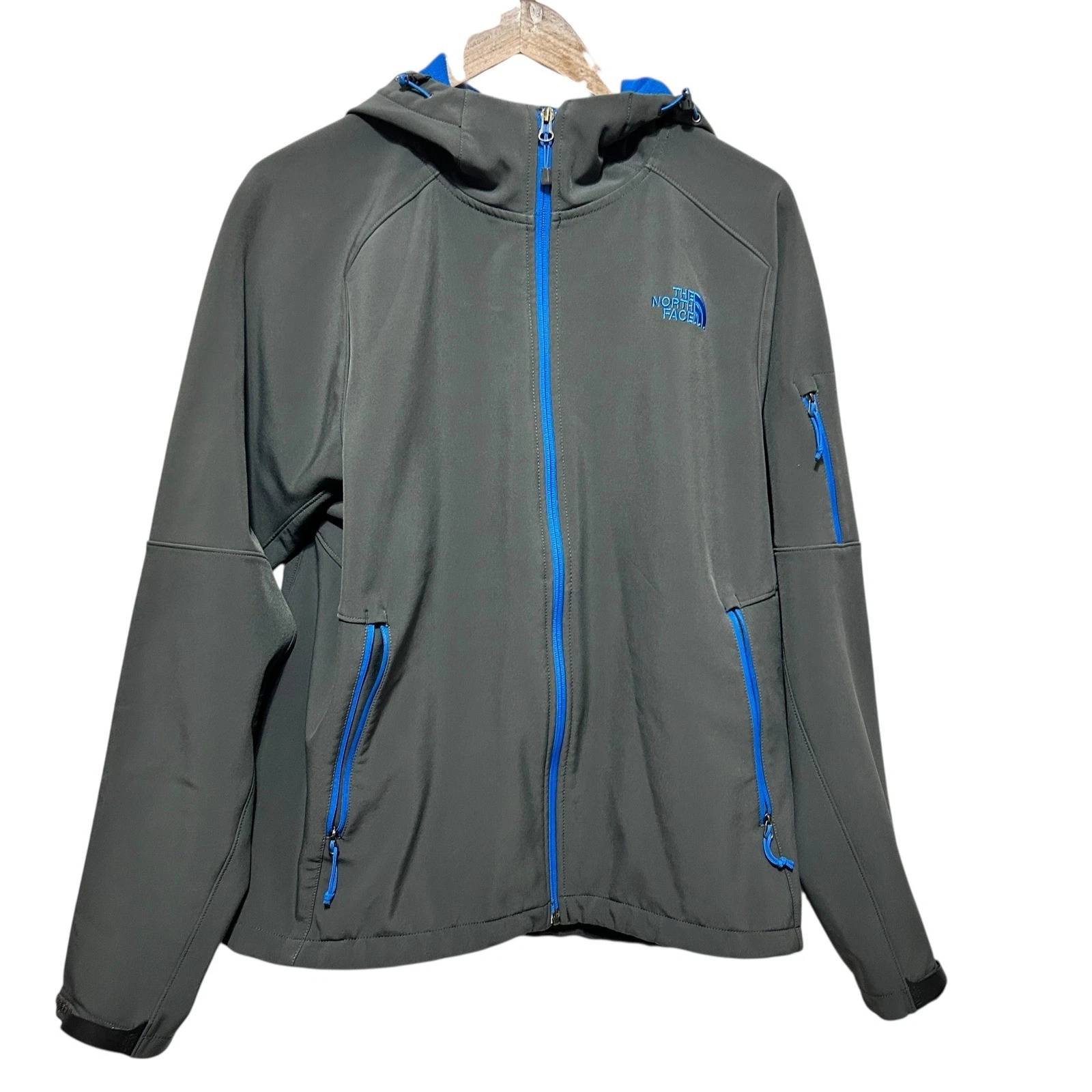 The North Face Men Softshell Jacket L Gray Blue Hood Windproof Outdoor Gorpcore