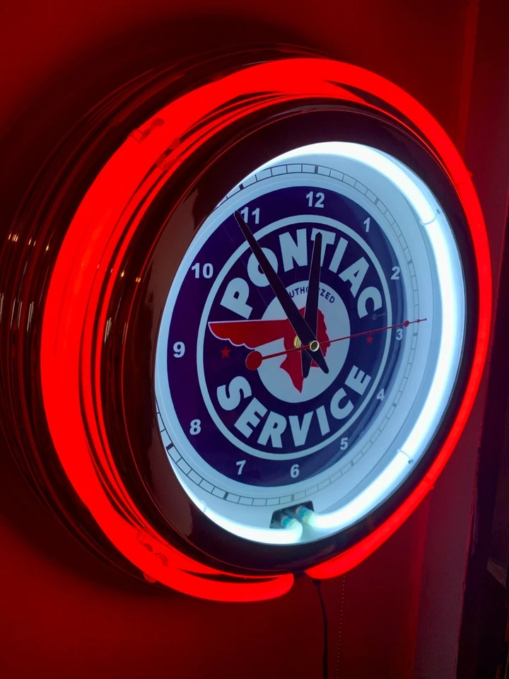 Pontiac Motors Auto Garaje Mecánico Bar Hombre Cueva Retro Rojo Neón Reloj Letrero Foto 3 de 4
