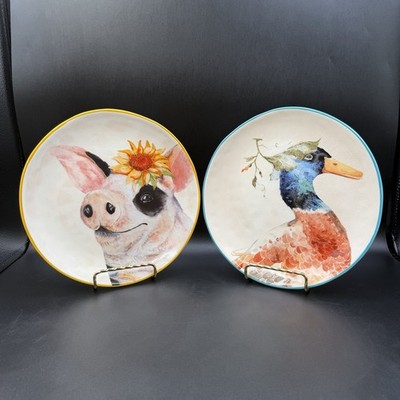 Pier 1 Imports Farm Animals Pig Duck Salad Luncheon Plate 9  Set of 2