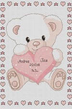 Birth Sampler Baby Bear with Heart in Pink Counted Cross Stitch Chart No. 5-103