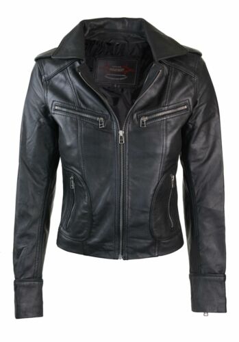 Ladies Women REAL Leather BIKER Motorbike Short Slim Fitted Jacket - Afbeelding 1 van 5