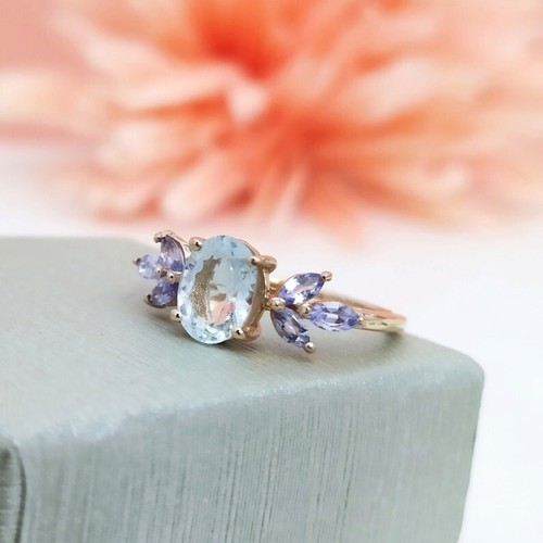 Oval Cut Natural Aquamarine 925 Sterling Silver Art Deco Proposal Ring For Her - Picture 5 of 9