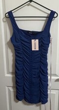 NWT Blue Lined Ruched Square Neck Hook & Eye Missguided Brand Mini Dress Size 4