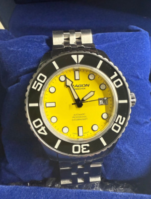 NEW! ARAGON SS 42mm Yellow Dial DiveMaster Sapphire Crystal Ceramic Bezel