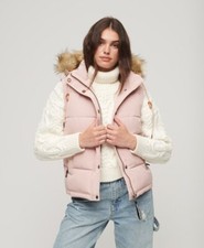 Superdry Womens Everest Faux Fur Puffer Gilet Hooded  Jacket, Quilted Pink Blush