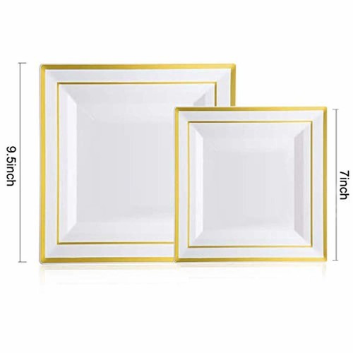White/Gold Square Plates, Gold Plastic Silverware with Disposable Cups 150 Pcs - Picture 2 of 6