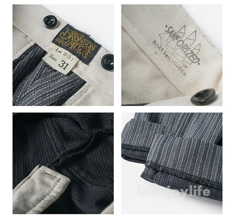 Bronson Vintage Black & Grey Striped Pants Men Suit Trousers Cotton Casual Pants - Picture 22 of 23