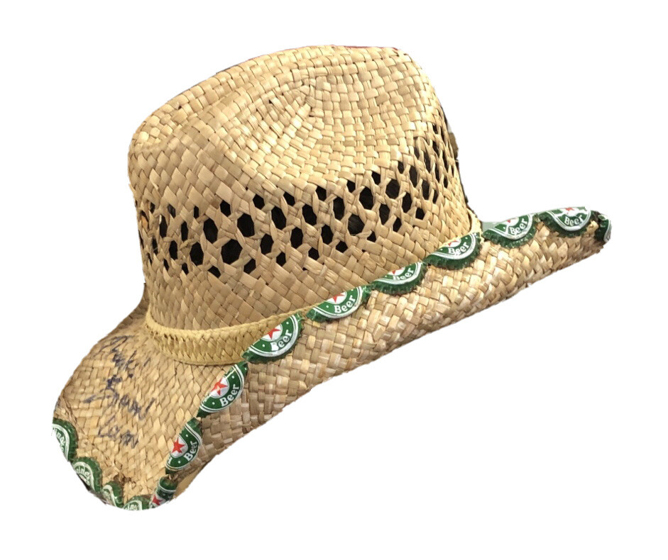 Heineken Cowboy Hat Rare Bottle Cap Brim Edge Straw Boho Signed By Branan Logan image 7