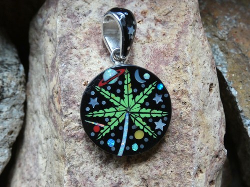 Weed Marijuana Galaxy Night Sterling Silver 925 Gemstone Micro Inlay Pendant P20 - Picture 2 of 8