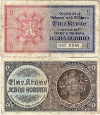 1 Krone / Koruna o.D. ND (1940) Protektorat Böhmen und Mähren ZWK-9a Ro.558 P-3