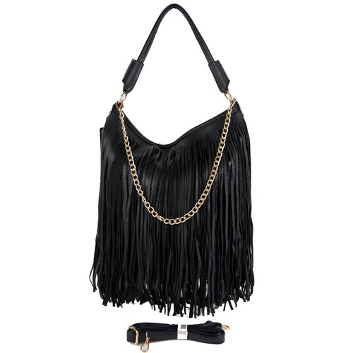 Borsa nera con frange da donna ragazza a spalla tracolla eco pelle catena  oro | eBay