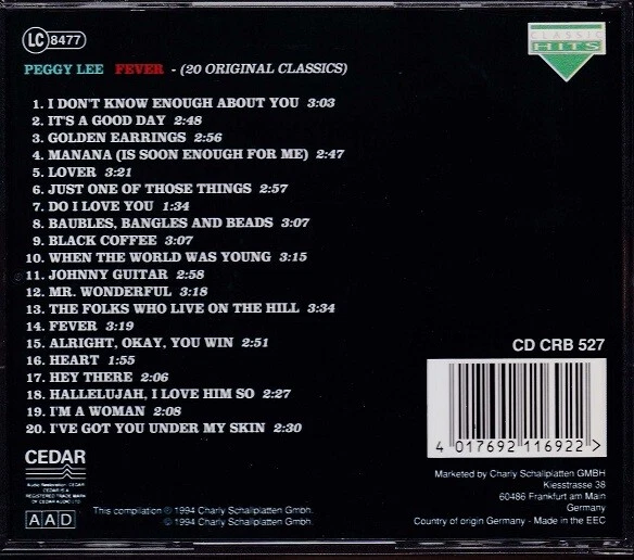 PEGGY LEE / FEVER - 20 ORIGINAL CLASSICS * NEW CD 1994 * NEU - Bild 2 von 2