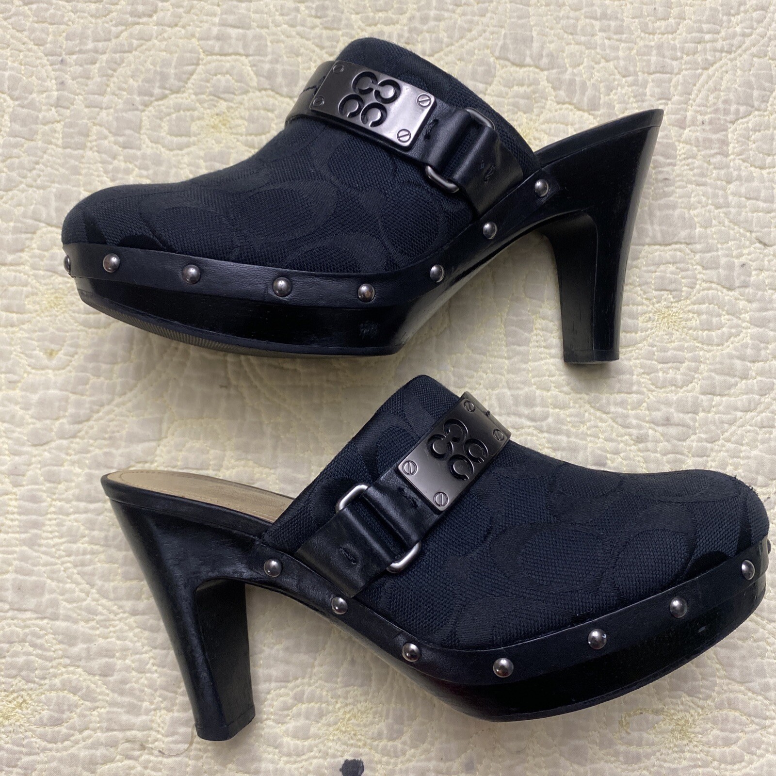 Coach Women's Ivy Black Signature Heels Clogs Mules S… Gem