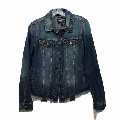 william rast woman denim crop jacket dark washed ripped trim size:XS Button  Blue - Main Image