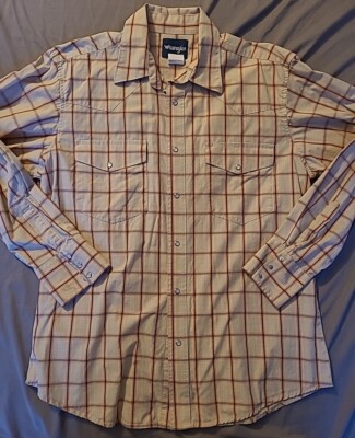 Plaid Wrangler Pearl Snap Long Sleeve Men's Large Light Orange 2 Pockets