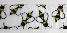 Bees White Grosgrain ribbon by the yard 3/8" 5/8" 7/8" 1.5"
