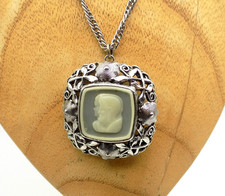 Vintage Plastic Blue White Cameo Pendant Necklace Silver Tone Floral Long Chain