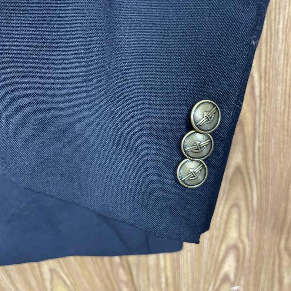Dockers Blazer Jacket Mens 44L Navy Blue Solid Polyester Wool Dark Gold Buttons - Image 3 of 4