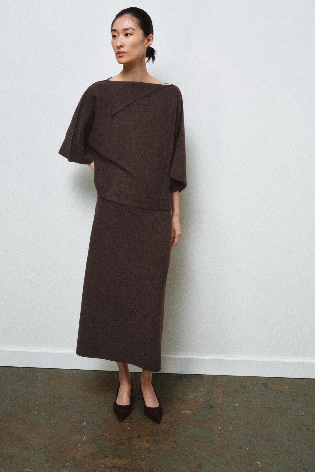 ZARA Women's Brown Knit Asymmetric Boat Neck Batwing 3/4 Sleeve Blouse S