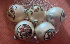 5 Vintage Shiny Brite Wrapped Glass Christmas Ornaments  Patriotic Santa Holly