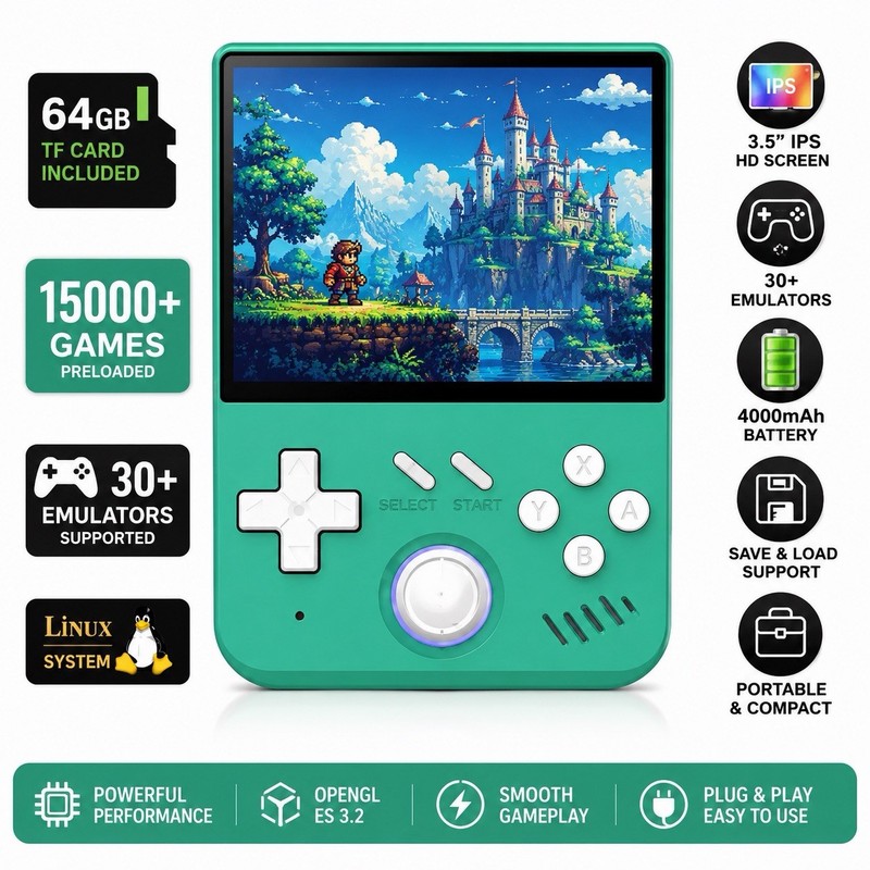 S_way Retro Handheld Games Console 64GB 15000 Games 3.5” IPS Linux Green