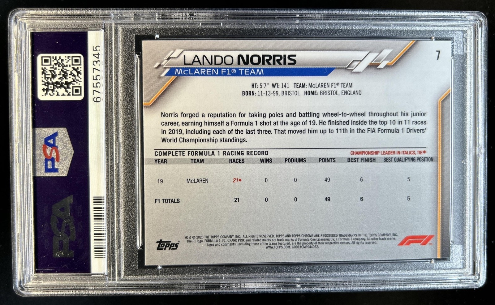 2020 Topps Chrome F1 Formula 1 Lando Norris RC Rookie SP VAR #7b PSA 10 GEM MINT view 2