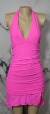 MIYIEONZ Pink Halter Dress Medium Ruffle Hem Ruched Side Seams Lined Side Slit