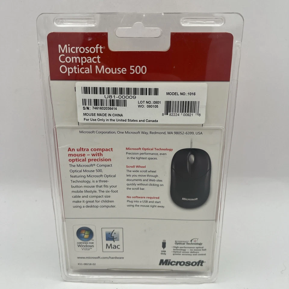 Microsoft Compact Optical Mouse 500 Wired USB Model 1016 Vista Mac PC New Sealed - Image 3 of 4