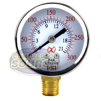 Air Compressor Pressure / Hydraulic Gauge 2'' Face side Mount 1/4'' NPT 0-300 PSI
