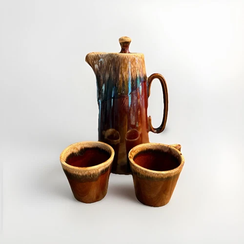 Hull Brown Drip Coffee Pot Lid Vintage 11.25" Teapot Pitcher Glazed W 2 Mugs