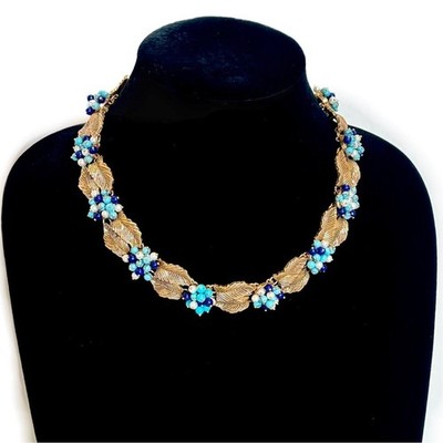 NEIMAN MARCUS | Elegant Gold-Tone Leaf & Blue Bead Statement Necklace | NWT