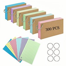 300 PCS Revision Cards Kraft Paper Notecards with 6 Metal Binder Ring Multicolor
